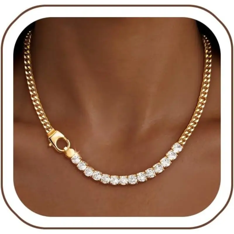 14K Gold Plated Chunky Chain Choker Necklace for Women Cuban Link Tennis Necklace CZ Love Chain Chunky Gold Jewelry Gift,summerwins Enduring Brilliance Diamond Cut