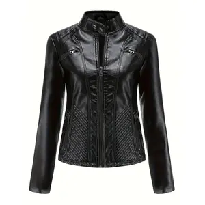 Women's Minimalist Long Sleeve Faux Leather Biker Jacket - Slim-Fit Standing Collar Polyester Fabric Outerwear, Solid Colour, Breathable, for Spring & Autumn, Available in Black, Crimson, Camel, S-2XL
