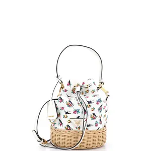 Pre-owned PRADA Canvas Plain Shoulder Bags Drawstring Bucket Bag Printed Canvas and Wicker Small