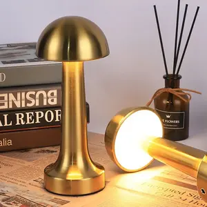 Rechargeable Stepless Dimming Mushroom LED Table Lamp Metal Touch Dimmable Tri-color Light Source USB Charging for Bedroom Bar Coffee Table Restaurant Desk Christmas Gift
