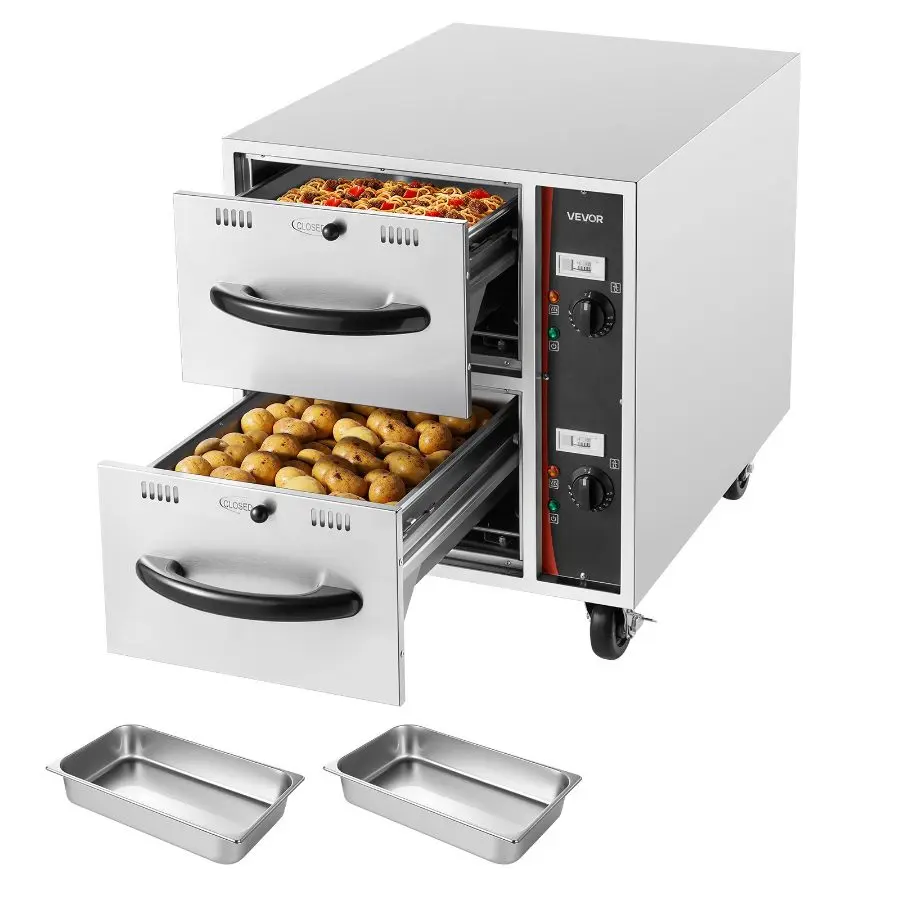 VEVOR Commercial Electric Warming Drawer Cabinet - 2 Easy-Glide Drawers with 2 Full-Size Pans, Corrosion-Resistant Stainless Steel, 85-185°F Independent Temp Control, Freestanding for Restaurant Commercial Kitchens Parties Home Gatherings