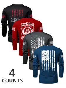Men's Flag Series Crew Neck Long Sleeve Knitted T-Shirt Set, Casual Outdoor Pullover for Spring & Fall, Fitted Street Style Top, Knitwear, Streetwear