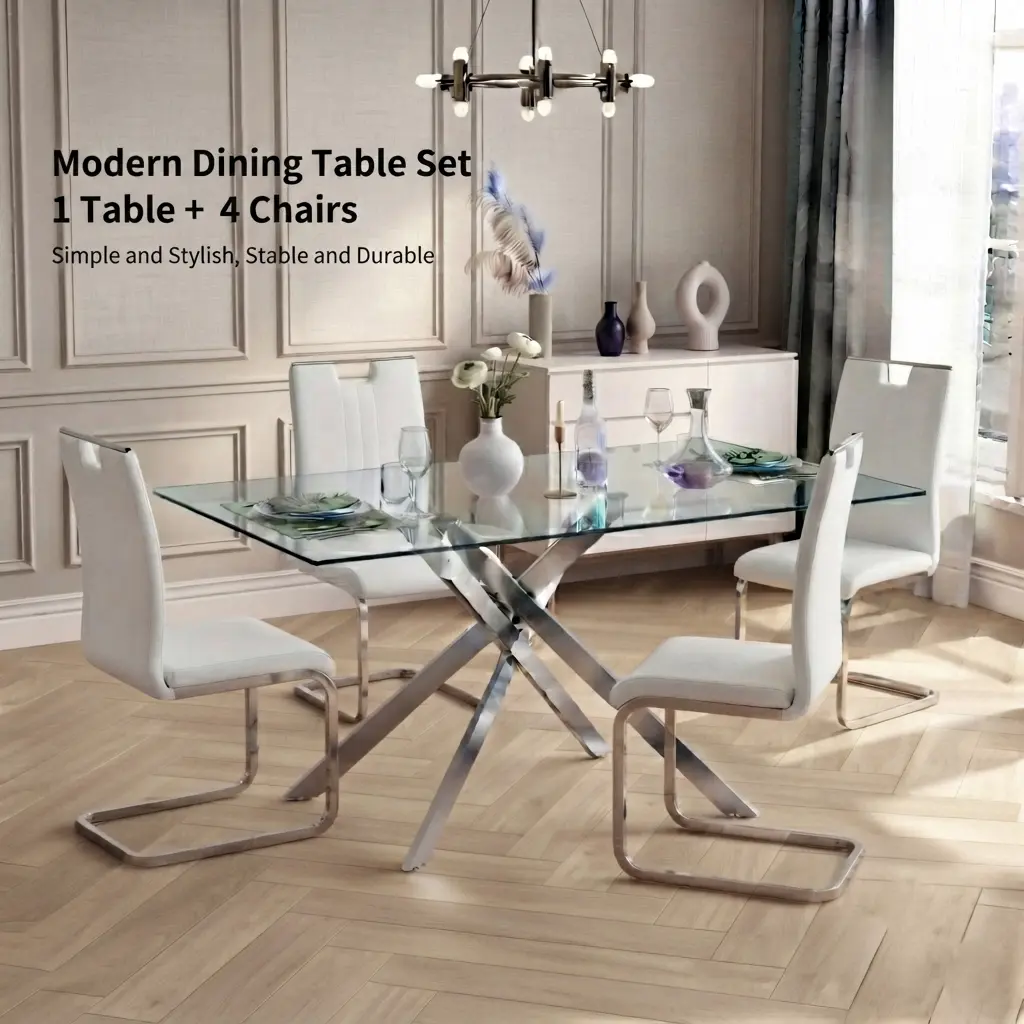 5-Piece Dining Table and Chair Set, 51.18" Modern Rectangular Clear Glass Dining Table, 4 High-Back PU Leather Chairs, Metal Legs, Tempered Glass Top, Modern Kitchen Dining Table, Suitable for Dining Room and Living Room, Silver+White dining furniture