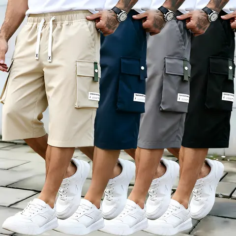 Men's 4-Pack Cargo Shorts - 7/8 Length, Elastic Drawstring High Waist, Adjustable Bottom, Large Pockets, Letter Patch Decoration, Street-Style Summer Casual Athletic Shorts, Size M