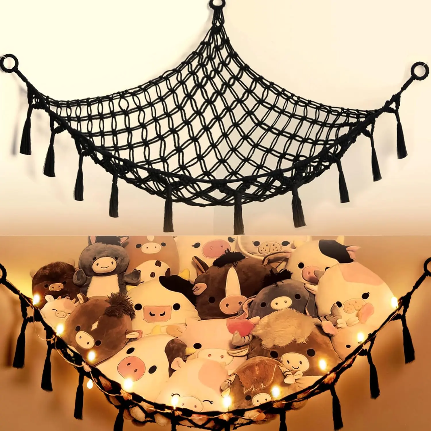 Black Macrame Stuffed Animal Hanging Net with Light - 55x55x72in Cotton Woven Room Storage Basket, Recyclable Geometric Wood Home Supplies Organizer, Nursery-Ready Bedroom Decor Apartment Accessory