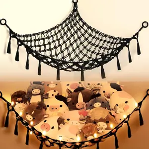 Stuffed Animal Net or Hammock with Light, Macrame Hanging Net Hammock for Stuffed Animal Toy Storage Organizer Boho Decor Room Holder for Nursery Play Room Bedroom (Black(55"*55"*72"))