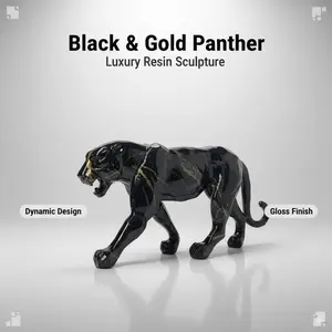 Luxury Black Panther Statue – Modern Glossy Decorative Leopard Figurine Decor, Resin Figure, Elegant Animal Sculpture for Living Room & Home Decoration