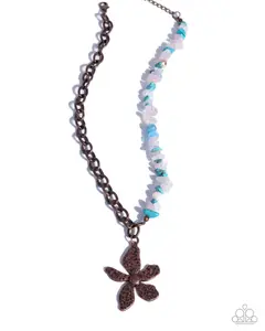 Floral Feint - Copper Chunky Chain Attached to a Strand of Turquoise, Rose Quartz Stone, White and Crystal-like Beads with Copper Flower Pendant Necklace
