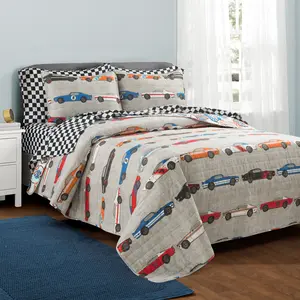 LUSH DÉCOR Race Cars Reversible Quilt Bed in a Bag Set - 5 or 7 Piece Toddler Bedding - Soft Microfiber Car Decor - Twin & Full Sizes