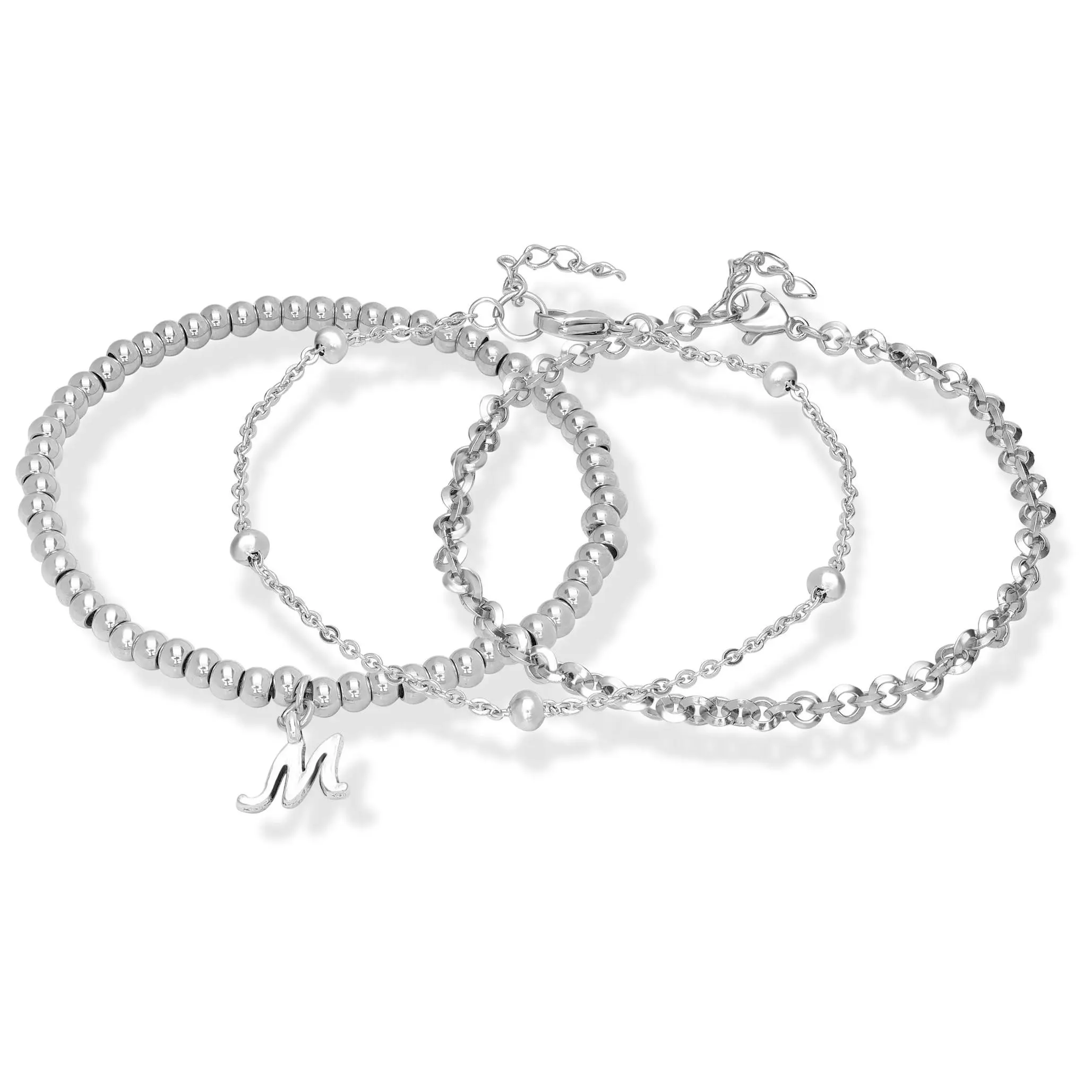 Steel by Design Set of 3 Beaded Initial Charm Bangles