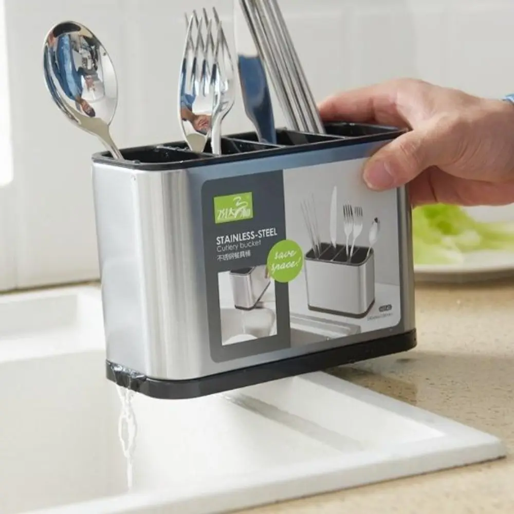 Stainless Steel Kitchen Utensil Holder - Rectangle Metal Organizer Shelf Draining Board with 4 Multiple Compartments, Rust-Proof Countertop Organizer for Flatware, Sinkware, Holder Draining Boards