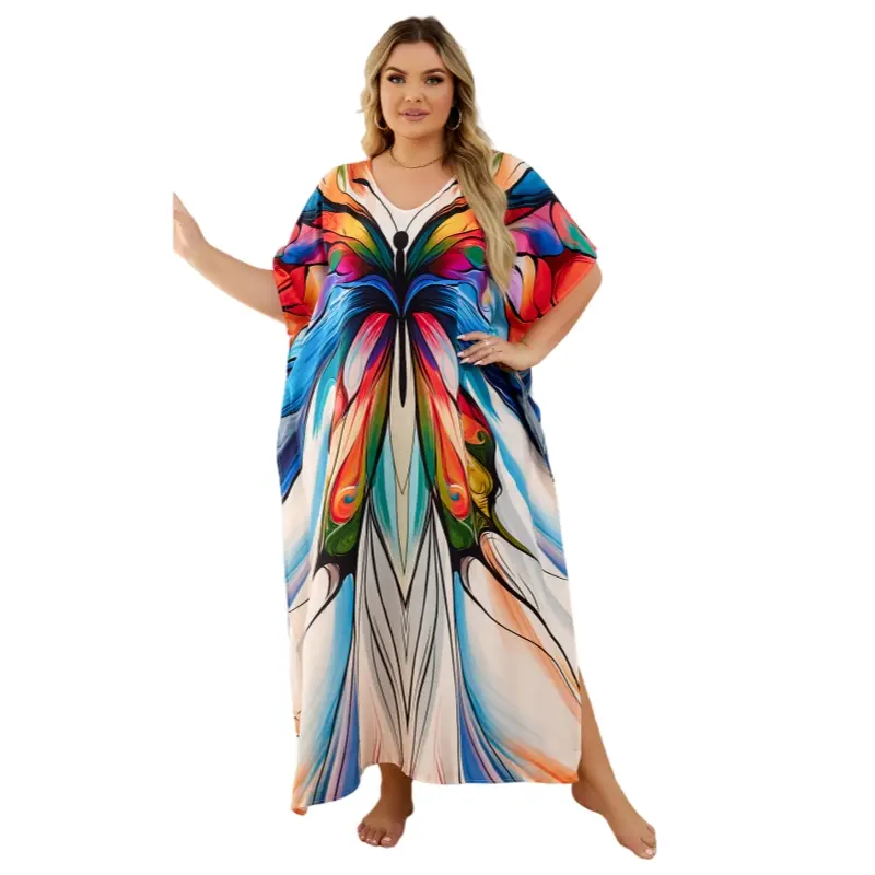 Women's Plus Size Lady Rayon Batwing Sleeves Casual Caftan Dress - Imported Bohemian Floral, Side Slits, Beach Cover Up, All-Season Nightgown, Hand Wash Only, Pool, Water Parks, Maxi Dresses, Swim Suit Coverup, Bat Wing Casual Dresses