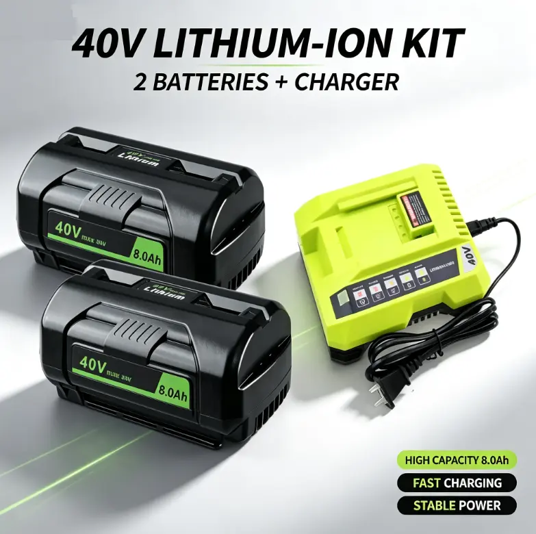 2 Pack 8.0Ah 40V Max Lithium Ion Battery + Fast Charger Kit Compatible with Ryobi 40V Tools, Replacement for Ryobi OP401 RBC1001 Charger, Ryobi OP4040A1 RBL1820G 36V Rated 40V Max Li-ion Battery
