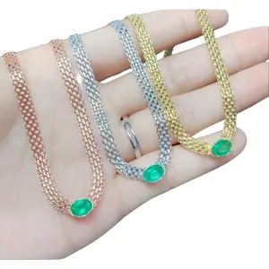 Sterling Silver Single Stone Emerald Chain Necklace Natural Emerald 5x7mm