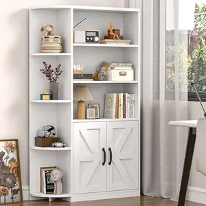 Vabches Bookcase with Corner Bookshelf, Bookcase with Book Shelves and Cabinet Doors, Wood Bookshelf and Office Storage Cabinet with Adjustable Shelf for Living Room, Office, Study