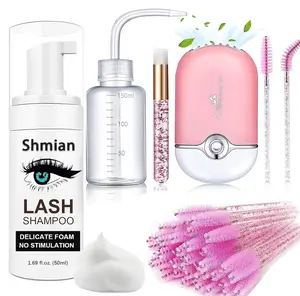 Lash Shampoo for Lash Extensions, 50ml Eyelash Foam Cleanser and 50 Pcs Eyelash Brush and Rinse Bottle Mini Fan Oil Free/Sulfate Free Eyelash Wash Remover For Eyelash Extension Makeup Removel