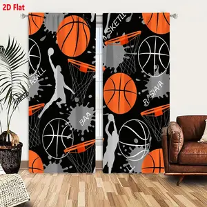 2D Flat Basketball Theme Black Background Curtain 2 Piece Set - Dynamic Sports Pattern with Orange Balls, Gray Hoops, Player Silhouettes, and Text Decor, Perfect for Bedroom Living Room with Sports Atmosphere