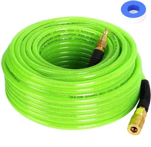 Air Compressor Hose 1/4 Inch x 100  Reinforced Polyurethane (PU) Air Hose with Fittings, Bend Restrictors, 1/4" Industrial Quick Coupler and Plug Kit, Green