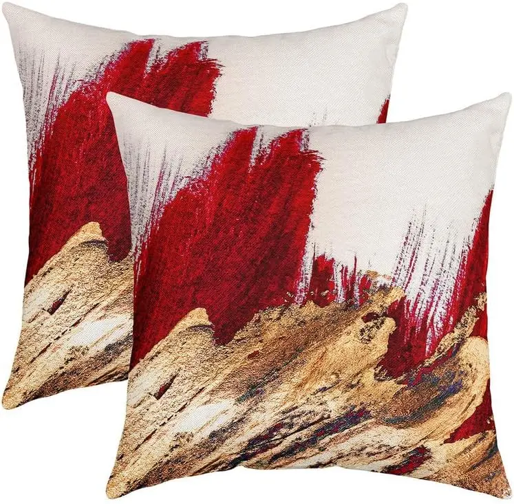 Feelyou 2-Piece Red Gold Pattern Abstract Art Throw Pillow Cover Set, Washable Sofa Cushion Cover for Bedroom Household Textiles Decor, Washable Cushion Covers
