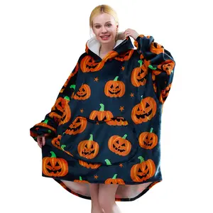Adult Short Halloween Pumpkin Blanket Hoodie, Cozy Oversized Plush Sherpa Fleece with Giant Hood and Big Pocket, Warm Comfy Fall Winter Wearable Hoodie for Lounging, Camping, Sleeping, Movie Nights, Holiday Party and Halloween Gifts