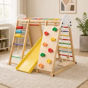 ARCH 9-in-1 Foldable Kids Climbing Frame Playset with Slide, Swing, Monkey Bars, Climbing Rock, Abacus Game, Natural Wood Toddler Indoor Outdoor Playground for Ages 3+, 176LBS Capacity, 42.52W x 46.46D x 46.06H Inches, Natural Wood Color Options