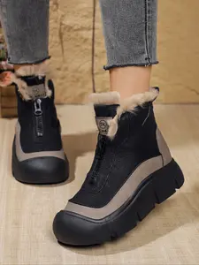 Women's Casual Round Toe Platform Boots, Zipper Ankle Booties, Plush Lined, Rubber, Comfortable Warm Winter Footwear