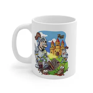 Knight and Castle Cartoon Mug — Funny Medieval Coffee Cup with ‘Take That, Worms!’ Design