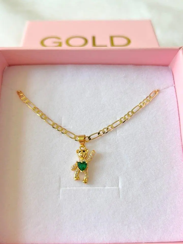 18k Gold Plated Emerald Inspired Teddy Bear Necklace