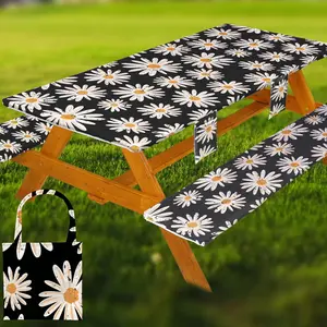 Fitted Picnic Table Cover with Bench Covers, Windproof Vinyl Table Cloths Outside Camping Cooking Backyard Furniture Seat Cushion Tablecloth Activities Party Decor Decorations Para Acampar Equipment