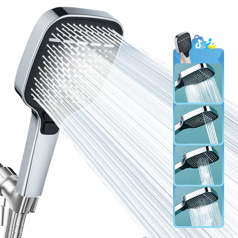 Square High Pressure Shower Head, 3-Mode Push Button (Pulse/Rain/Mist), Handheld Shower with Hose and Adjustable Bracket