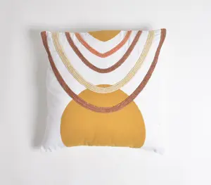 360 Stand 18x18 in Square Size 100% Cotton Embroidered Pillow Cover - Boho Aesthetic, Contemporary Vibe, Handmade Finish, Patchwork Look, White & Gold, Indoor Use