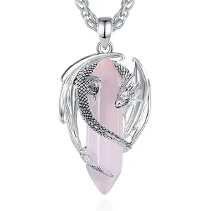 Natural Pink Quartz Dragon Necklace, Flying Hexagonal Pterosaur Pendant, Silver-Plated Dragon Pendant, Unique Energy Crystal Jewelry, Perfect Gift