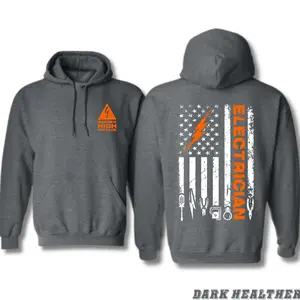 High Voltage Electrician Hoodie for Men – Distressed USA Flag with Tools and Lightning Bolt, Cool Workwear Gift for Electricians and Linemen