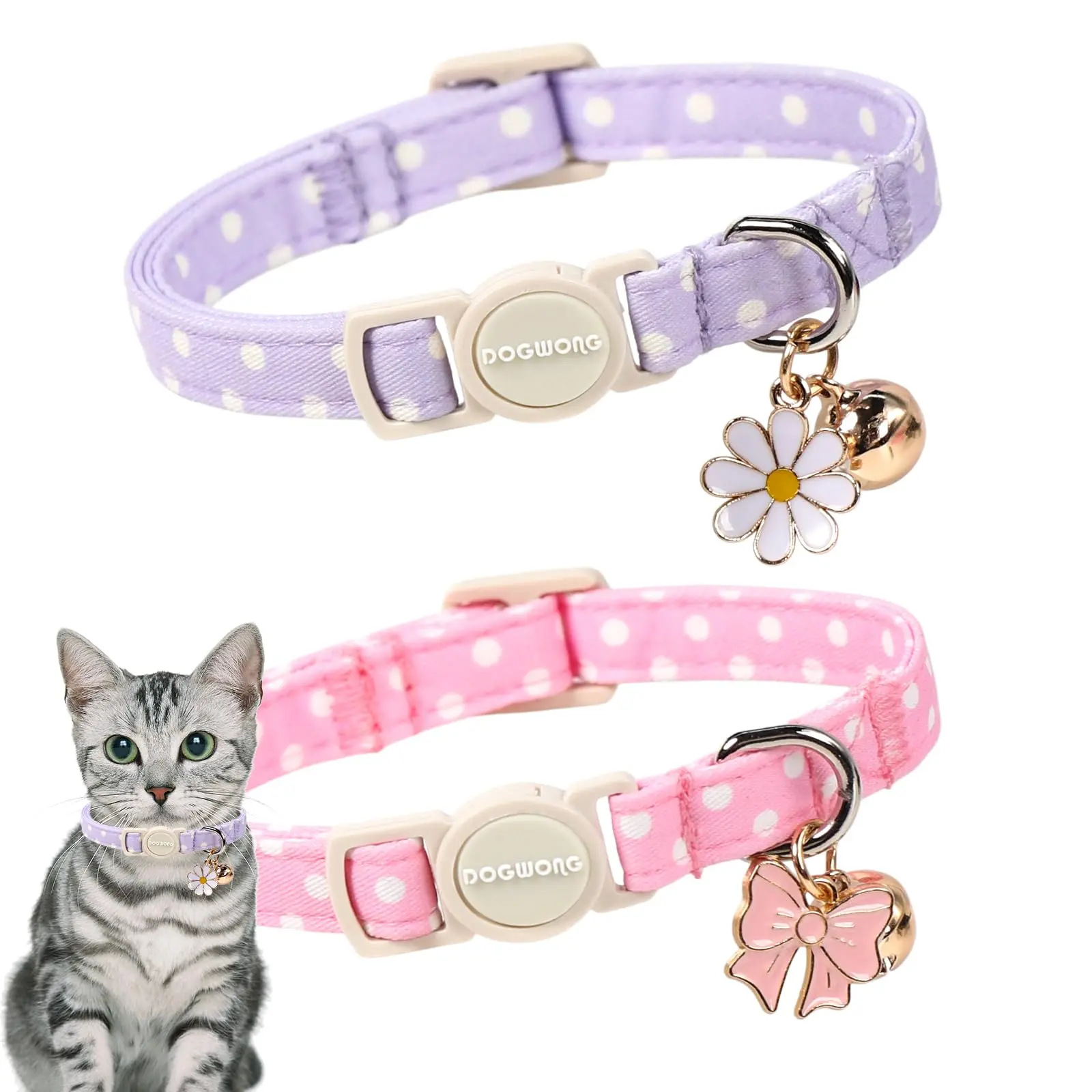 DOGWONG 2 Pack Polka Dot Cat Collars with Cute Charm and Bell, Breakaway Safety Buckle Cat Accessory for Male Female Cats
