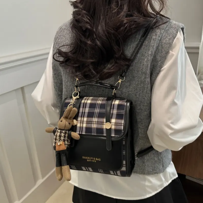 Plaid Mini Backpack - Convertible Shoulder Bag with Bunny Charm,Satchel Purse