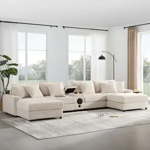 Aobtkel® 141.5x64in U-Shaped Corduroy Sectional Sofa with Bluetooth Speakers, Console, USB Charger, Cup Holders, Storage, Ottoman, Deep Wide Seat Cloud Couch for Living Room & Apartment | Couches for Living Room WL#Summervibes