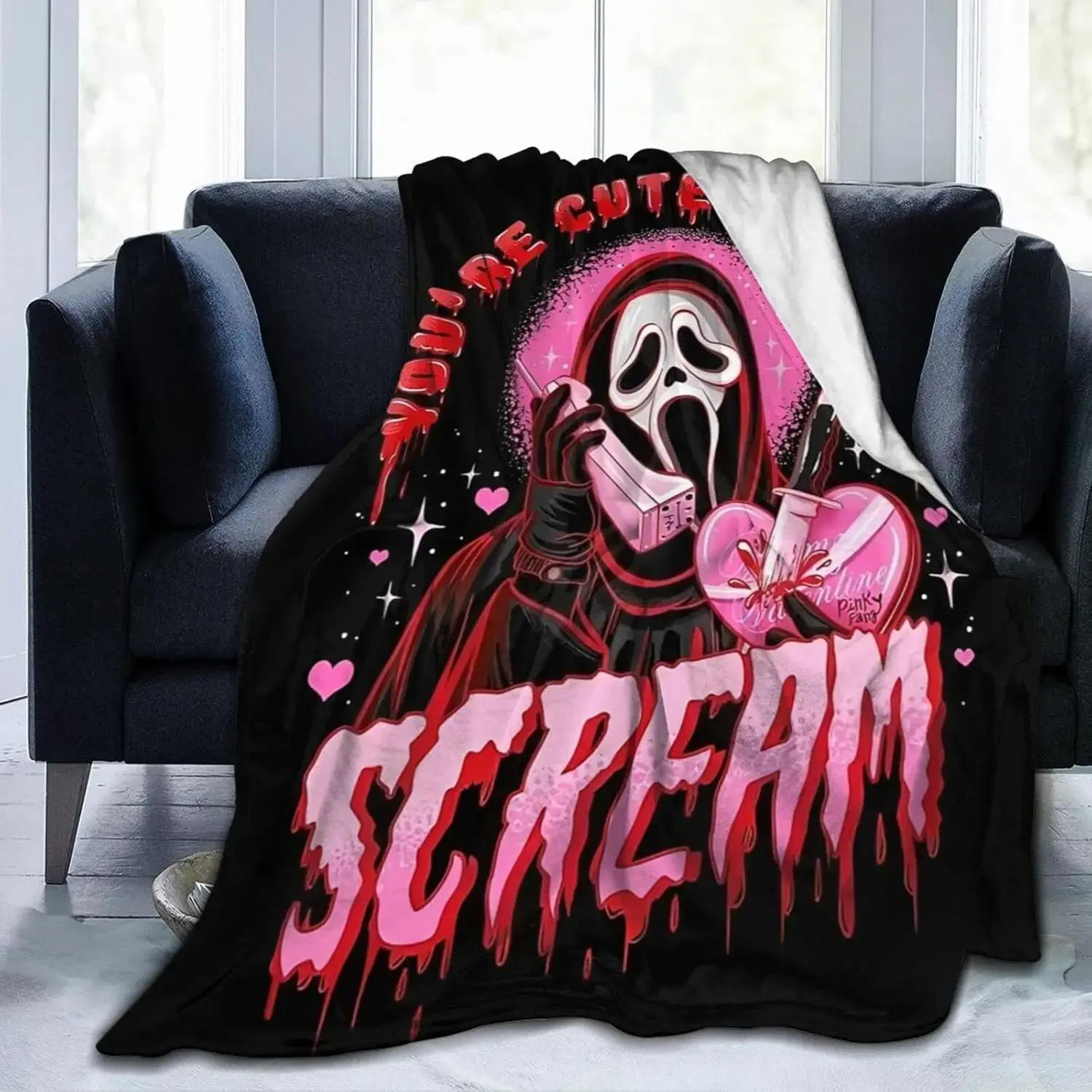 Horror Movie Blanket, Ghost-Face Blanket Pink Horror Scream Flannel Blanket, Coquette Goth Halloween Fleece Throw Blanket, Cute Spooky Aesthetic Couch Bed Blanket, Soft Gothic Room Decor Gift for Horror Fans