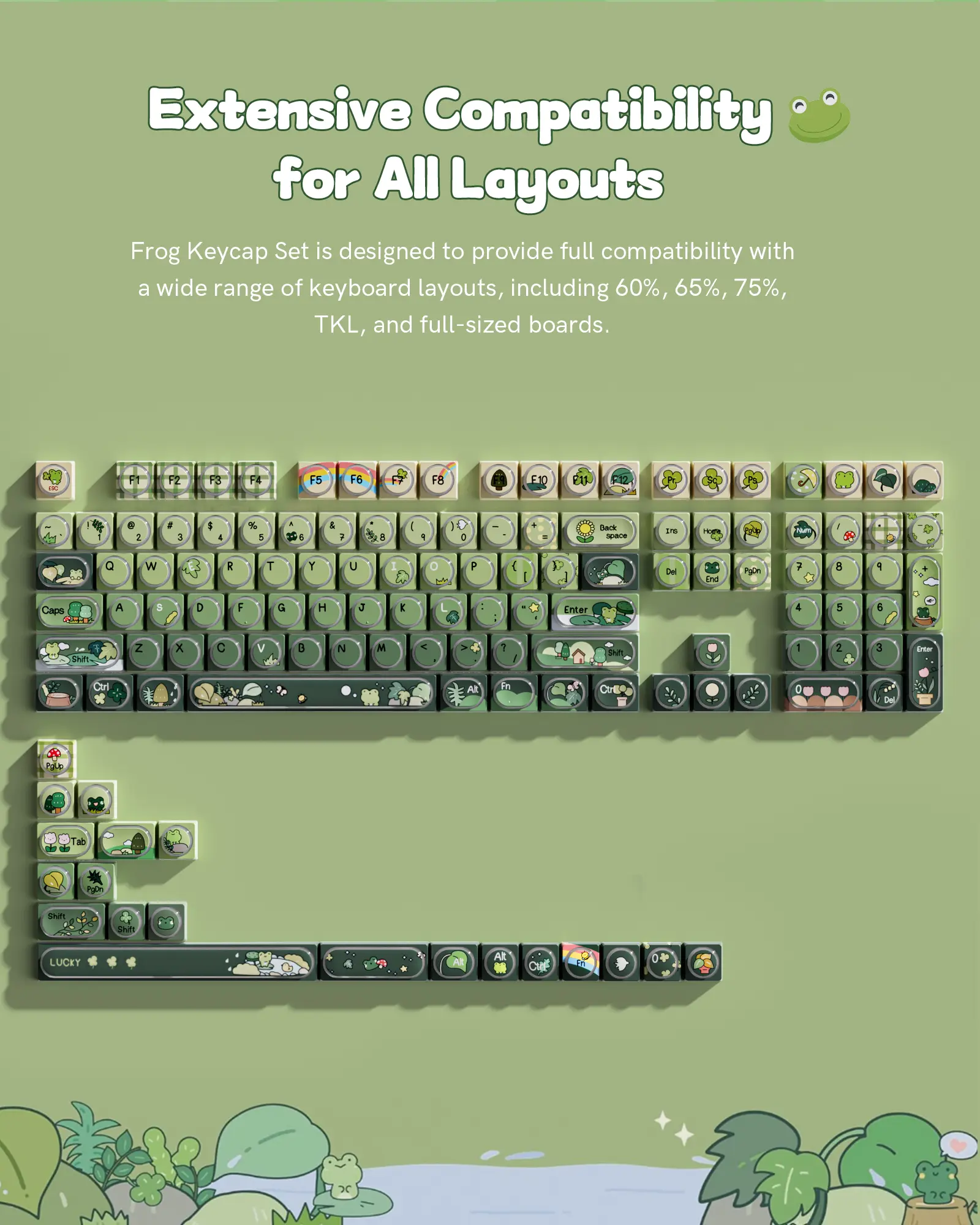 Womier Frog Theme PBT Keycap Set - 131 Keys Dye-Sublimated OEM Profile PBT Plastic Keycaps with Natural Look, Charming Frog-Themed Design, Compatible with 61/68/84/87/98/100 Cherry, Gateron, MX Mechanical Keyboards
