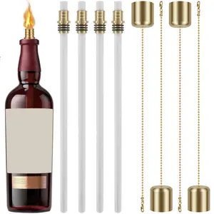 12Counts Wine Bottle Torch Kit Torch Light Set with 4 Torch Wicks 4 Brass Torch Wick Holders and 4 Brass Covers Premium DIY Wine Bottle Torch Décor for Garden Outdoor, Summervibes