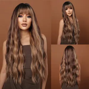 Chocolate Brown Wig with Bangs Long Wavy Texture Heat Resistant Synthetic Fiber for Natural Everyday Look Women Lady Girl Soft Girl Hair TikTok Wig Finds Daily High Temperature Material Day Outfit