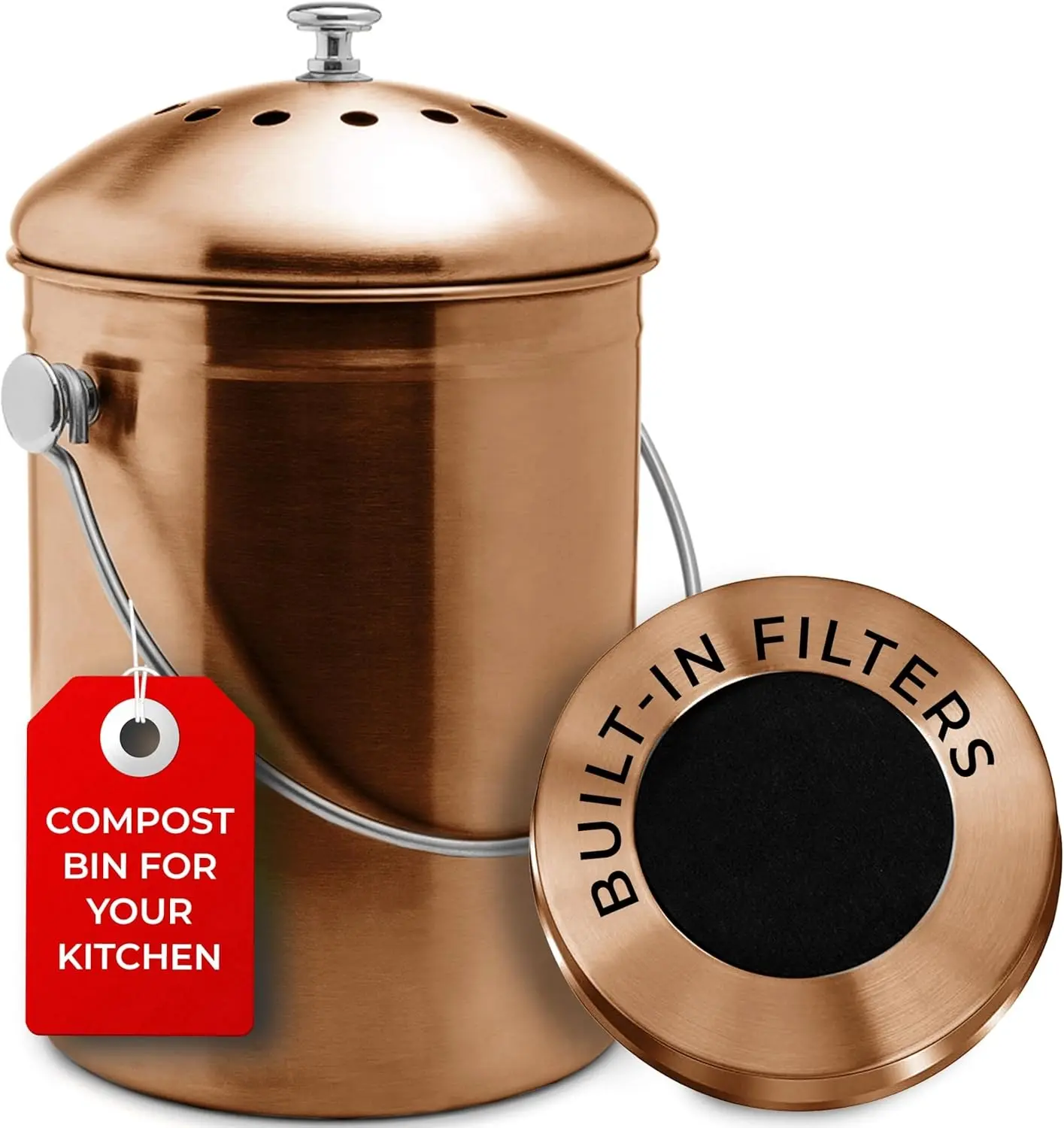 EPICA Stainless Steel Countertop Compost Bin - 1.3 Gal Odorless Indoor Kitchen Bin with Lid, Carbon Filters for Food Scraps Waste Recycling, Indoor Bin