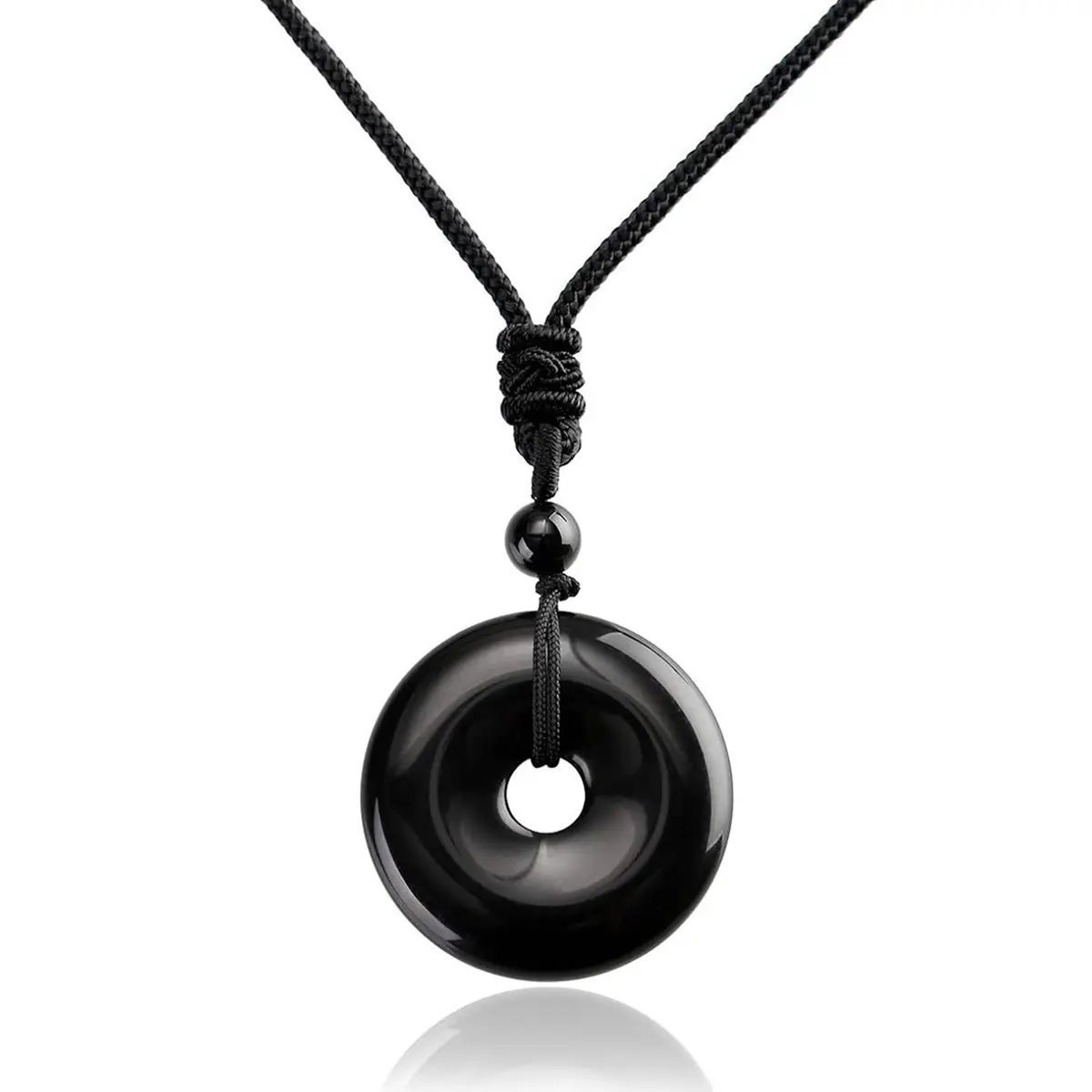 SofiaDesignsBoutique Natural Obsidian Circle Donut Pendant Necklace, Black Gemstone Coin Charm Amulet, Adjustable Rope, Boho Style Gifts for Adults, About 1.2 Inch Necklaces for Daily Use