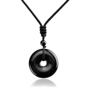 Sofia Natural Obsidian Stone Circle Donuts Pendant Necklace Black Gemstone Coin Charm Necklace Amulet Adjustable Rope for Daily Use