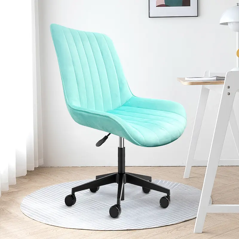 Ergonomic Home Office Desk Chair with Wheels Comfy Armless Criss Cross Chair with Adjustable Back Modern Leather Upholstered Swivel Vanity Chair Small Cute Rolling Task Chair Mint Green-Pink
