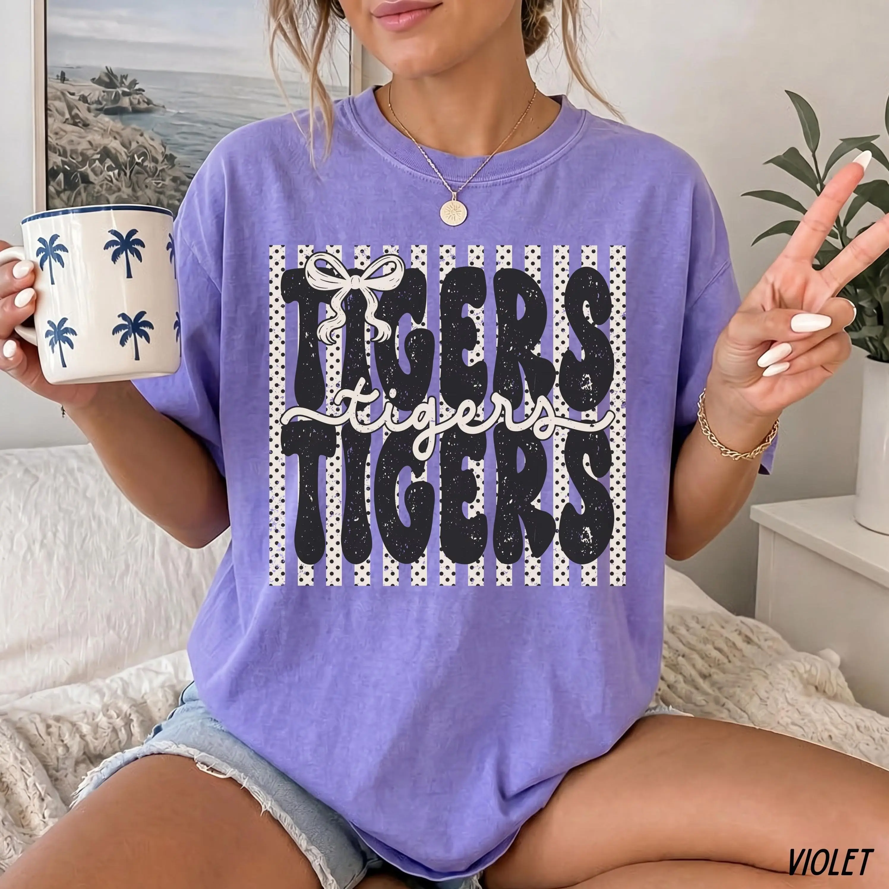 Comfort Colors Polka Dot Preppy Stripes Tigers T-Shirt, Cute Coquette Tigers Game Day Shirt, Preppy Bow Tigers Mascot Graphic Tee, College Football Season Outfit, School Spirit Sports Team Apparel, Trendy Game Day Mascot Gift for Women & Men
