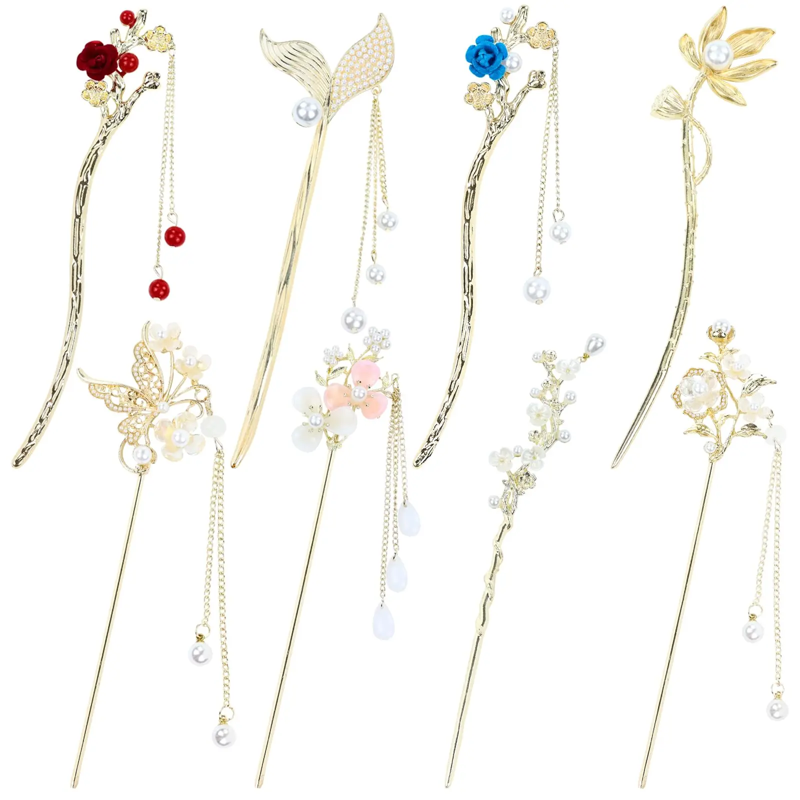 8 Pcs Retro Vintage Asian Japanese Chinese Hanfu Gold Metal Flower Hair Sticks with Pearl Pendants Fishtail Lotus Butterfly Long Hair Pins Forks Chopsticks Bun Updo Holders for Women Girls