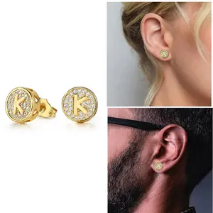 Hermah A-Z Initial Letter Stud Earrings - Gold Plated Copper, 11mm Diameter, Unisex, 1 Pair, Comfortable Wear, Durable Design