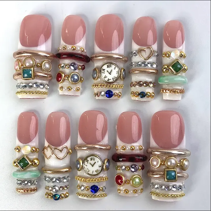 Luxury Jewelry French Press-On Nails, Emerald Gem & Pearl Charms, Vintage Watch Design, Gold Stacked Ring Accent, Handmade Square Nails, Elegant Old Money Set