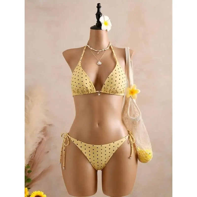 Women's quick-dry two-piece bikini swimsuit set, featuring a sexy summer polka dot design, perfect for beach wear and casual occasions, a stylish swimwear tailored for women.