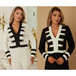 SAILOR STRIPE JACKET - WHITE BLACK PATTERN WITH GOLD BUTTON DETAIL - LONG SLEEVE WITH STRIPES ON CUFFS - DEEP V NECK - ZIPPER ON THE BACK